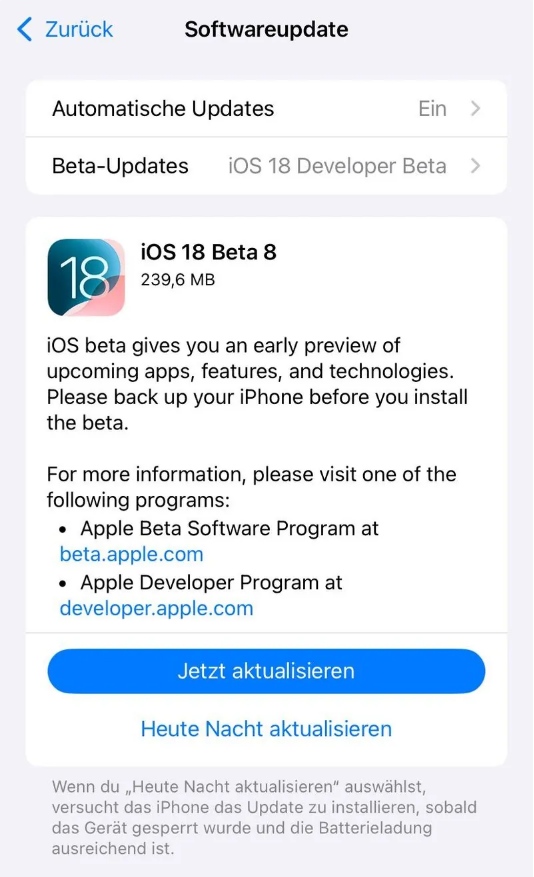 洛南苹果手机维修分享苹果 iOS / iPadOS 18 开发者预览版 Beta 8 发布 